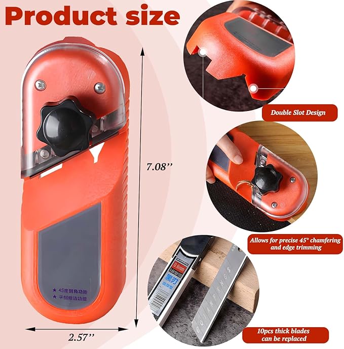 Wood Planer Chamfer Plane | Hand Planer for Woodworking | Plasterboard V Chamfer Tool | 45° Bevel Edge Trimming | 10 Blades Included