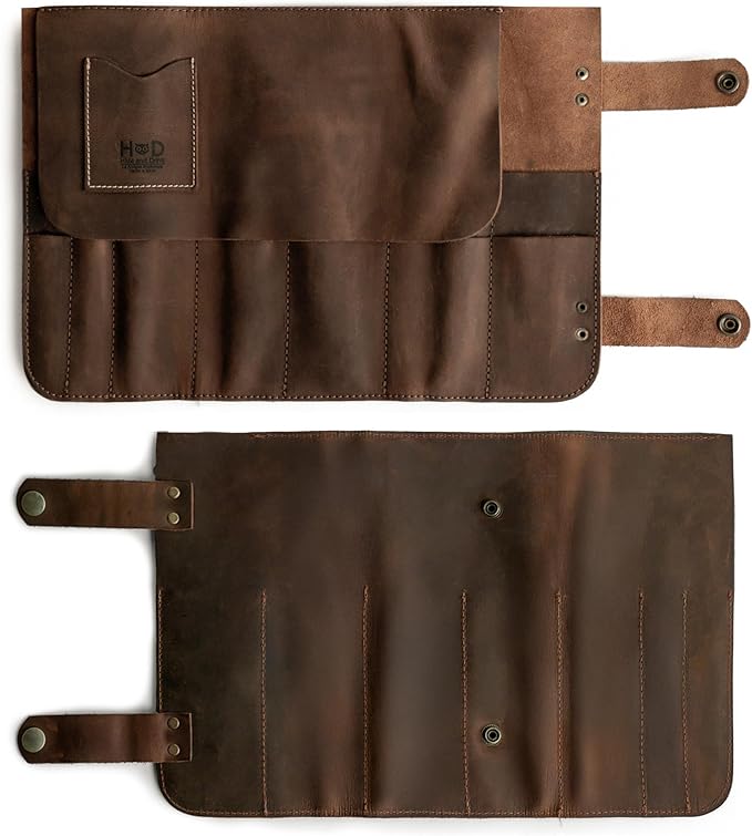 Hide & Drink, Snap Tool Roll Up Bag with 14 Slots, Portable Carry Case for Barbers, Salon Storage Organizer Pouch, Full Grain Leather, Handmade