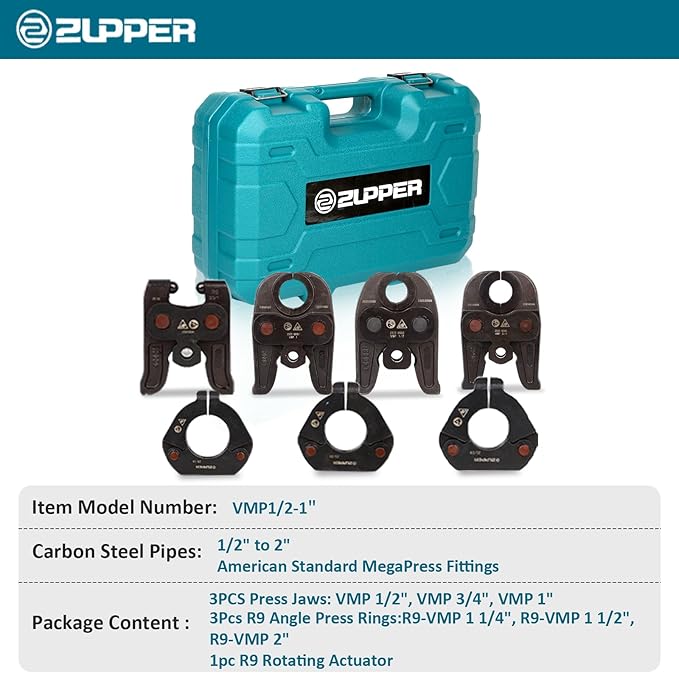 ZUPPER 7PCS MegaPress Pressing Kit 1/2??2??with 3PCS Pressing Jaws,3PCS Press Rings, 1PC Actuator for Carbon Steel Pipes Compatible with Standard Pressing Tools