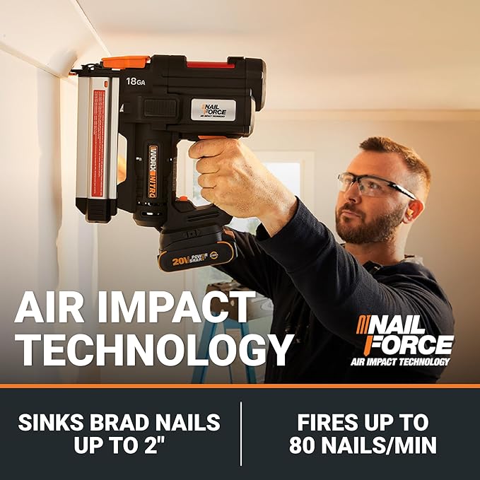 Worx Nitro 20V 18GA Cordless Brad Nailer, Cordless Nail Gun, Nail Gun Battery Powered, Up to 2 Inch, Tool-Free Jam Release, Trimming & Molding, Baseboard WX842L PowerShare ??Battery, Charger Included