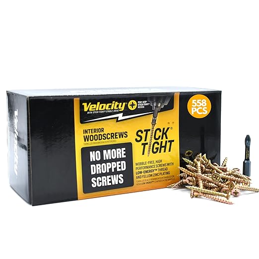 Velocity Interior 1 1/2 Wood Screws Contractor Pack (Size #8, 558 Pcs) ??Self Tapping Screws with Phillips bits, Stick Tight Technology, Carbon Steel with Zinc Plating, Durable Storage Organizer