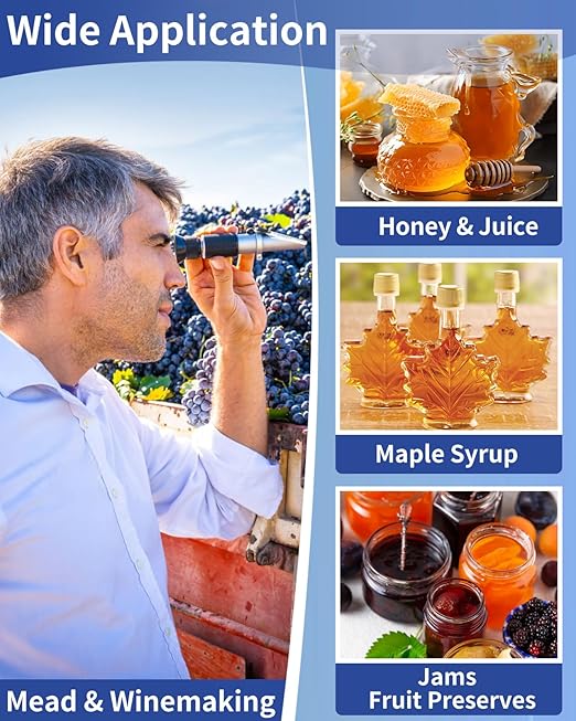 Honey Refractometer for Moisture, Brix and Baume, Brix Meter Refractometer with ATC, (12-27% Honey Moisture, 58-90% Brix, 38-43째 Baume), Refractometer Brix for Honey, Maple Syrup, Molasses, Fruit Jam