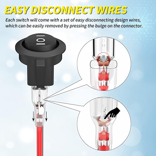 Joinfworld 3 Way Round Rocker Switch 12V, Waterproof 3 Pin 3 Position ON/Off/ON 6A/250V AC 10A/125V DC SPDT Circle Toggle Switch with Wires for Auto Car Marine Boat - 8Pack