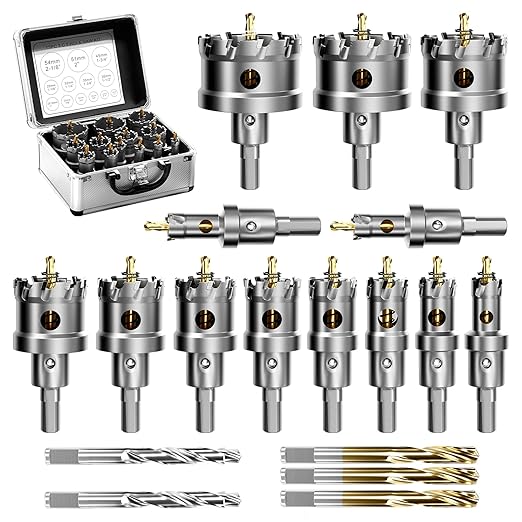 21-Piece TCT Carbide Hole Saw Kit for Metal (1/2" to 2-1/8") - Heavy Duty Hole Cutter Drill Bits Set with 2 Titanium/Step Pilot & L-Wrench, Cuts Stainless Steel, Iron, Aluminum, Wood, Plastic