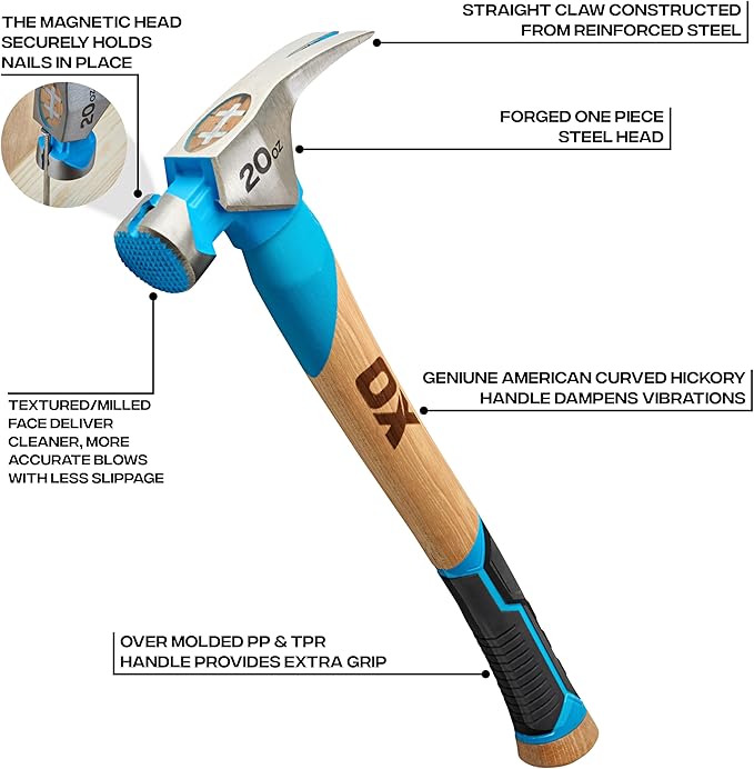 OX Tools Pro 20oz Curved Hickory Handle Hammer with TPR Rubber Hands Grip Hickory Framing Magnetic Nail Starter Curved Axe Handle Milled Face Craftsman Hammer Nail Puller Carpenter Tool OX-P087220