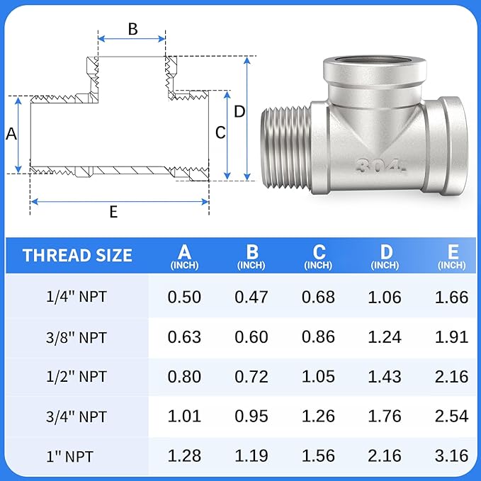 ChillWaves 304 Stainless Steel Pipe Fitting, Male Run Tee 3/4" NPT Female x 3/4" NPT Female x 3/4" NPT Male Thread Adapter(4-PACK)
