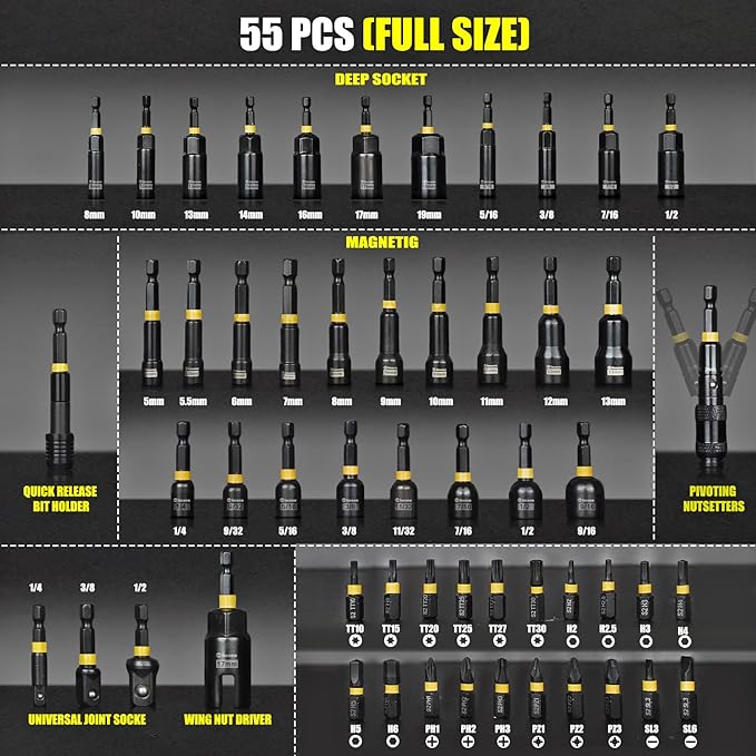 55PCS Impact Nut Driver Set, Magnetic Nut Driver Set for Impact Drills and Premium Deep Drivers, Wing Nut Setters, 1/4'' Quick Change, Bit Extension, S2 Steel Bits, Pivoting Nut Setter