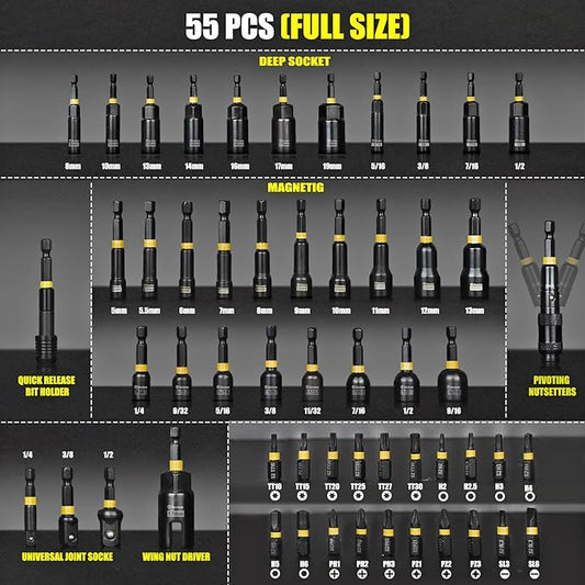 55PCS Impact Nut Driver Set, Magnetic Nut Driver Set for Impact Drills and Premium Deep Drivers, Wing Nut Setters, 1/4'' Quick Change, Bit Extension, S2 Steel Bits, Pivoting Nut Setter