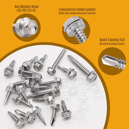 weideer 840pcs #8#10#12#14 Self Tapping Screws for Metal,410 Stainless Steel Screws Assortment Kit, Hex Washer Head Quick Tapping Self Drilling Screw with Rubber Washer (420 Sets) K-189