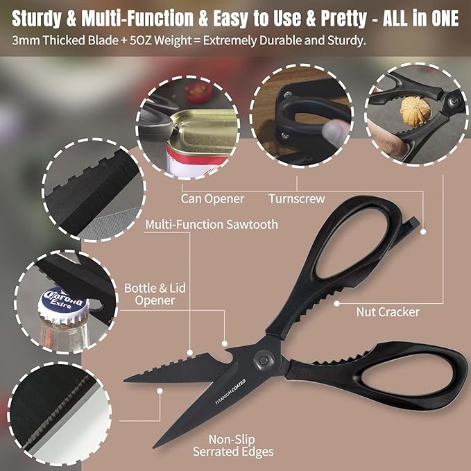 Kitchen Scissors All Purpose, Extra Sharp Kitchen Shears with Knife Sharpener & Sheath, Solid & Durable Stainless Steel Scissors with ANTI-RUST Black Titanium Plated, Dishwasher Safe - Black