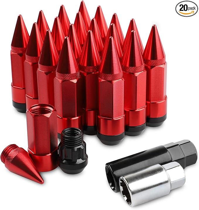 20Pcs Anti Theft Spikes Extended Tuner Wheel/Rims Lug Nuts M12X1.5+Socket (Red)