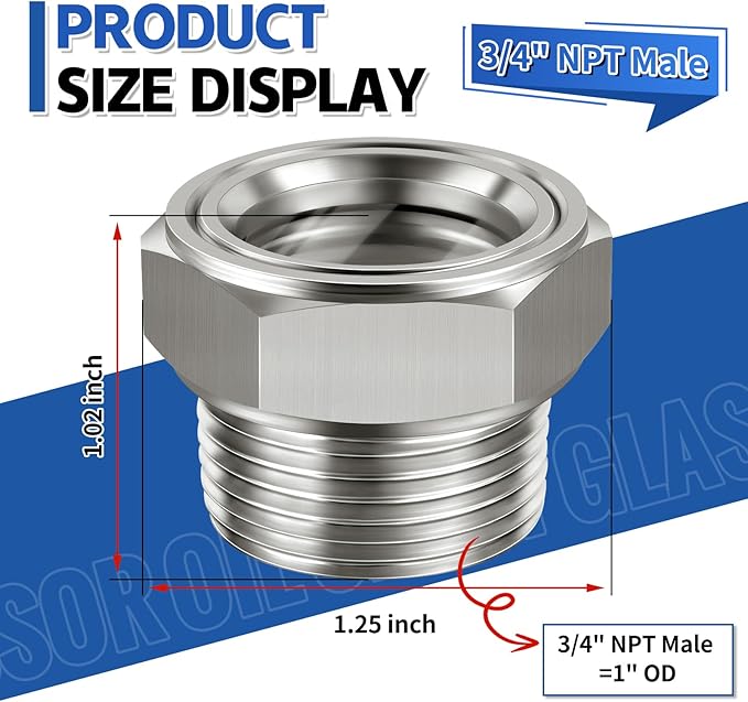 3/4'' NPT Male Hex Head Stainless Steel Oil Sight Glass Liquid Level Gauge Oil Indicator Window For Air Compressor Gearbox Fittings Hydraulic Tank Sight Glass (3/4'' NPT Male)