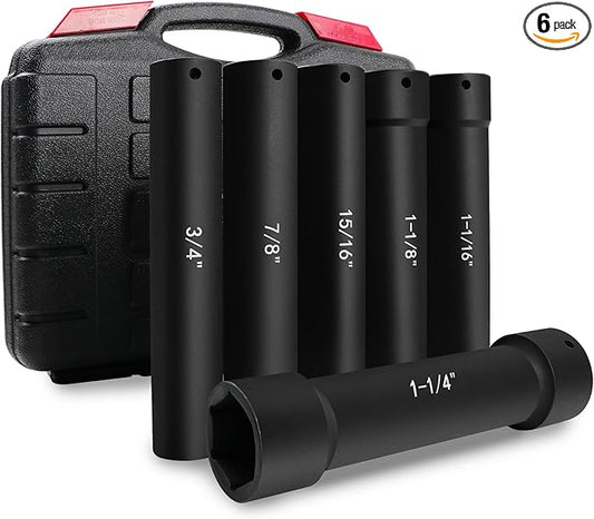 6.75 Inch Long Extended Length Impact Socket Set 1/2 Inch Drive Extra Deep Sockets Heavy Duty Steel With Hex Sizes 3/4" 7/8" 15/16" 1-1/16" 1-1/8" 1-1/4" for High Torque Use 6PCS