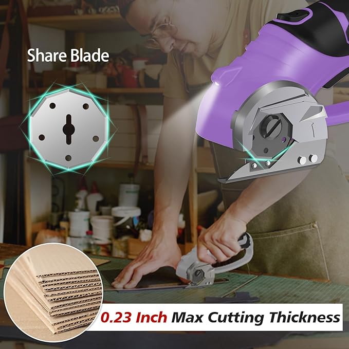 Cordless Electric Scissors, 4V Rechargeable Box Cutter & Cardboard Cutter with LED Light, Safety Lock - Rotary Cutter for Fabric, Leather, Carpet, Plastic, Crafting, Sewing with Storage Box(Purple)
