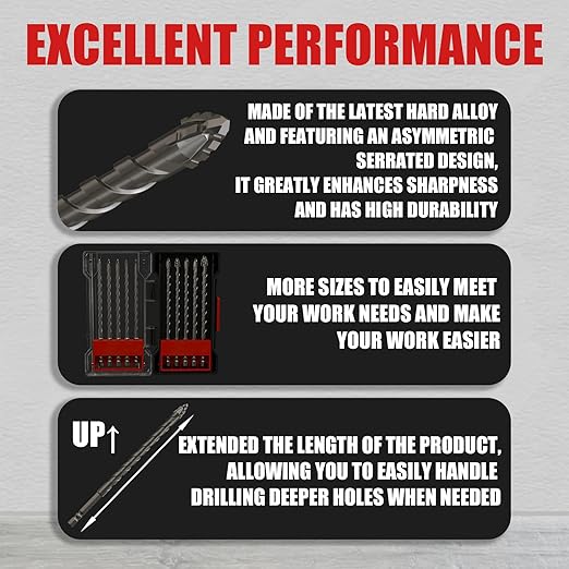 CATITO 10 PCS Masonry Drill Bit Set 6''(152mm) Length, Multi-Tooth Masonry Drill Bit, Carbide Tipped, Hexagonal Shank Drill bit, Glass, Brick, Ceramics, Plastic and Wood