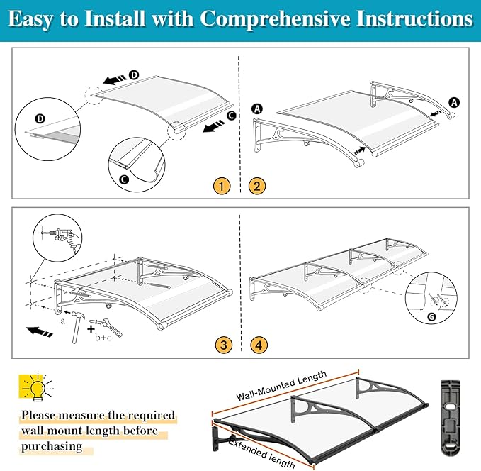 Awning for Door Entrance, Window Awnings Exterior with Aluminum Bracket, UV, Rain & Snow Protection, Durable Polycarbonate Canopy for Entrance, Balcony, Garage, Brown 60x170cm/24x67in