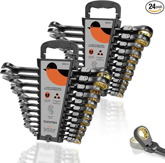 SUZUME 24-Piece Metric and SAE Flex Head Ratcheting Wrench Set 72 Teeth Cr-V Steel Ratcheting Wrench Set with 180째 Flex Head Ratchet Wrenches Set For Auto,Machine Repair