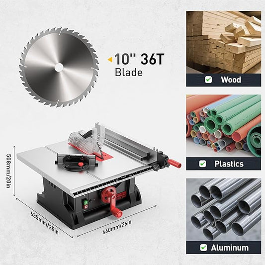15Amp Portable Table Saw 10 inch, 4600RPM Compact Tablesaw with 36T Blade, 90°Cross Cut & 0-45°Cutting, Multifunctional Benchtop Saw for DIY Furniture Making Woodworking