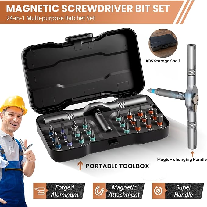 24 in 1 Magnetic Screwdriver Set, Ratchet Screwdriver Set, Multi Bit Magnetic Drive Sets with Detachable Ratchet Handle, Precision Screwdriver Sets for Furniture, Computer, Bicycle Repair (1 Set)