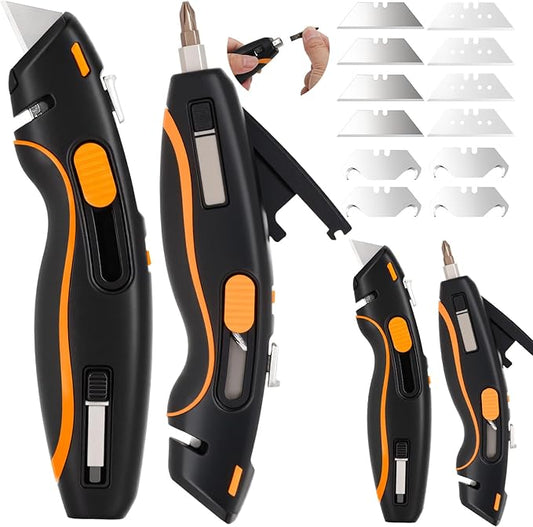 Lizeonz 4PCS Premium Multi-Function Utility Knife, Retractable Metal Heavy Duty Box Cutter, Lightweight Handle with Quick-Change Blade Holder, Built-in Screwdriver and Blade Storage (with 3 Blades)