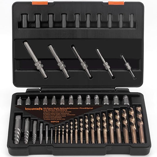 Screw Extractor Set, 55 Pieces Easy Out Bolt Extractor Set, Multi-Spline Extractors Remover for Removing Stripped Screws, Studs, Fittings and Lugs Extraction