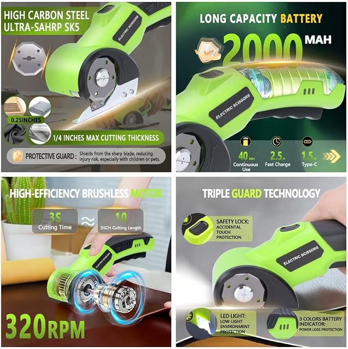 Cordless electric scissors, cardboard cutter, with safety lock, with LED light, two blades for powerful cutting of cardboard, leather, carpet, and fabric (green)