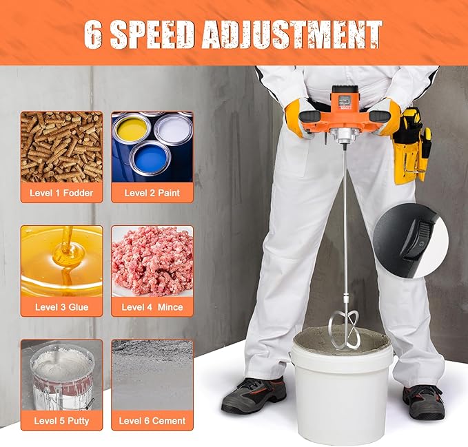 Mud Mixer, Portable Motar Mixer,110V 6 Speed Drill Mixer 2100W for Cement,Concrete,Paint, Grout, Plaster,Thinset etc.