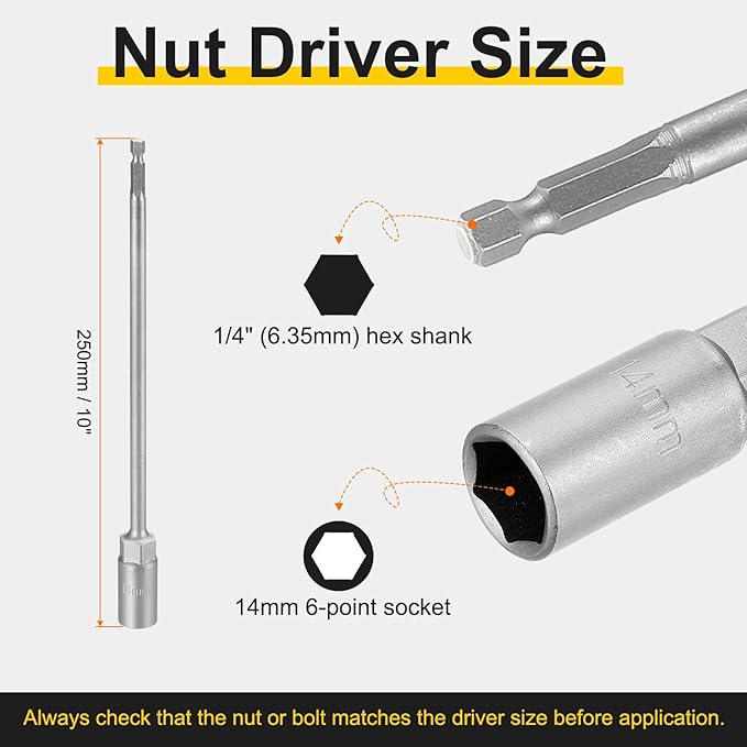 HARFINGTON 2pcs Nut Driver Drill Bit 14mm Metric Socket 1/4" Hex Shank 10" (250mm) Extra Long Magnetic 6-Point Sockets Quick Change 40Cr Steel Bolt Setters for Power Drill Drivers