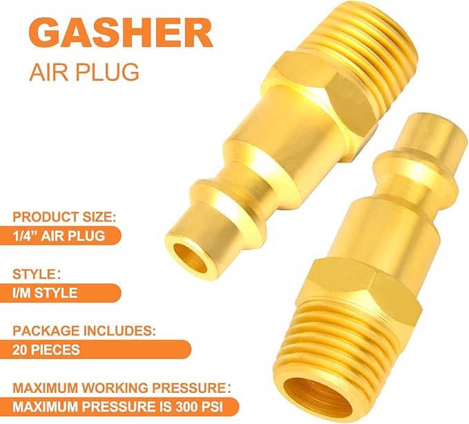 GASHER Brass 1/4" NPT Male Industrial Air Plug, Pneumatic Plugs 300PSI (20-Pack)