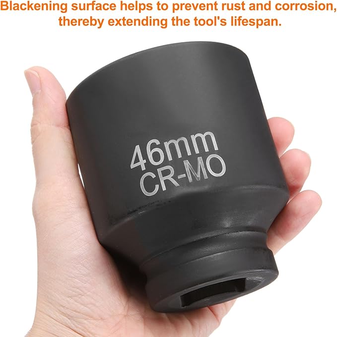 HARFINGTON 4 Point Square Socket 1" Drive 46mm Metric Square Impact Socket CR-MO Blackening Standard Wheel Sleeve Pneumatic Sleeve Tool for Auto Repair Mechanical Maintenance Home Use