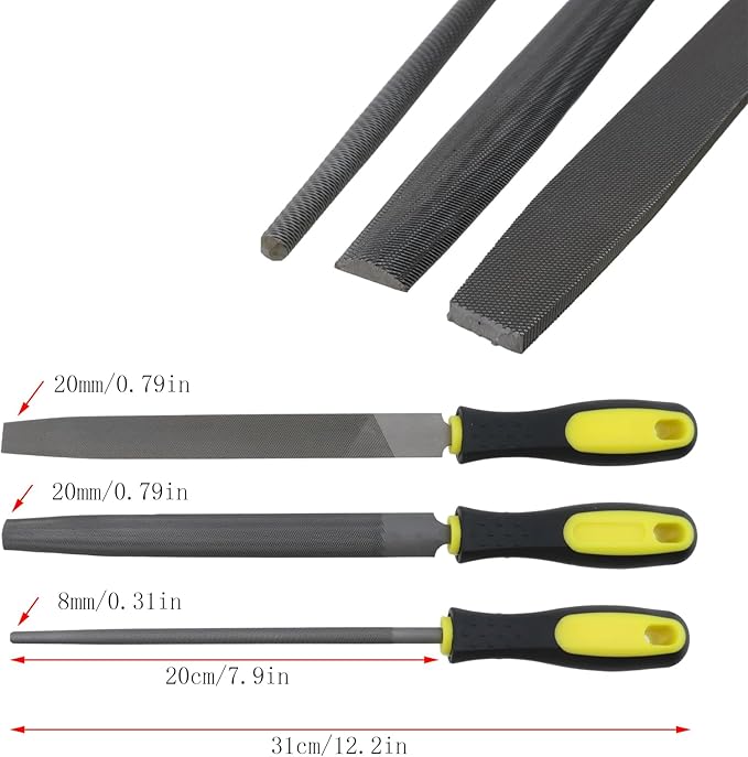 3-Piece Set 8in Length File (Flat, Round and Half-Round), High Carbon Steel Hand File for Refining, Removing, Shaping and Scraping Projects