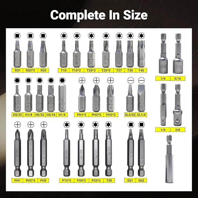 51-Piece Screwdriver Bit Set, Impact Driver Bit Set with Phillips/Slotted/Torx/Hex/Square Bits, 1/4" & 3/8" Socket Adapter, Magnetic Nut Drivers, S2 Alloy Steel for Impact Driver