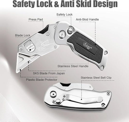 Vickay Box Cutter, Utility Knife with Clip, Stainless Steel Body Handle, Quick-change Blade and Safety Axis Lock, Razor Knife, Cardboard Cutter with Extra 5PC SK5 Blades (Black)
