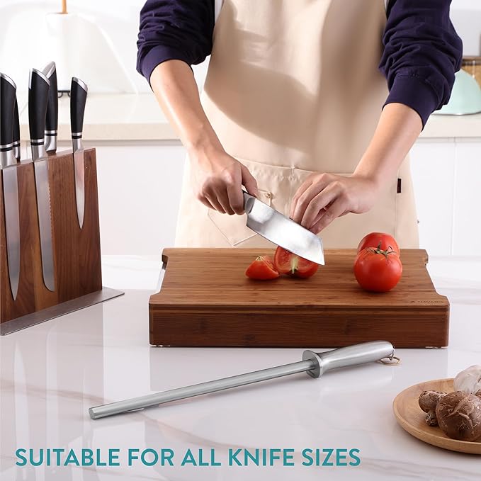 Navaris Diamond Knife Sharpener Steel - Chef Knife Sharpeners with Ergonomic Silver Handle - Honing Rod for Chef's Knives, Paring Knives, Carving Knives, Japanese Kitchen Knives