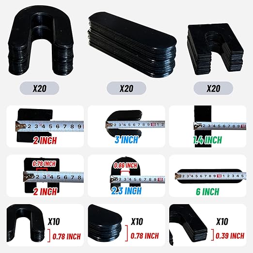 KATOOL 60 Pcs 2MM Shims Structural Tile Plastic Flat Shims and U Shaped Horseshoe Plastic Shims for 2 Post Lift Leveling, 1.4 Inch, 2 Inch, 2.3 Inch
