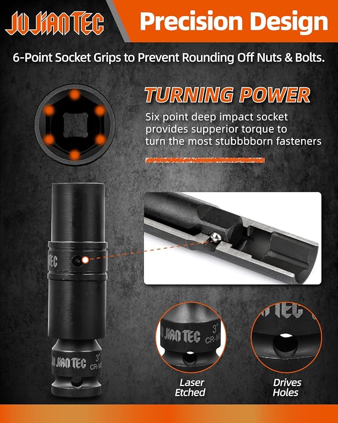Lug Nut Impact Socket Set, Impact Driver Flip Socket, Five Sockets with 1/4-Inch Hex and 1/2-Inch Square Socket Adapters, Premium chrome vanadium Alloy Steel, with Molded Case