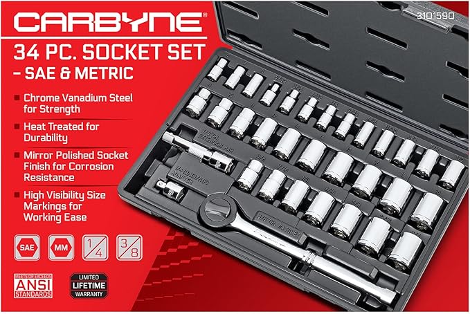 CARBYNE 34-Piece 1/4" & 3/8" Drive Socket & Ratchet Set | SAE & Metric. Includes Metric 6 to 18mm, SAE 5/32" to 3/4". 6 & 12 Point. Cr-V Steel ??From a Family-Run Tool Company Based in the U.S.A.