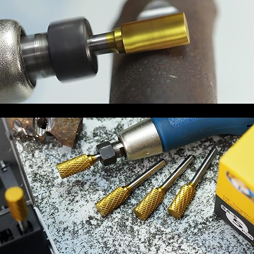 SA-5 5pcs Tungsten Carbide Burr TiN Rotary File Cylindrical Shape Double Cut for Die Grinder Drill Bits 1/4'' Inch Diameter of Shank and 1/2'' Inch Diameter of Cutter 1'' Inch Cutter Length