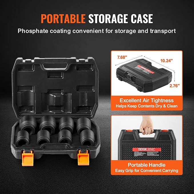 VEVOR Axle Nut Impact Socket Set, 3/4" Drive 6-Point 8-Piece Metric Spindle Nut Socket Set, CR-MO Heat Treated Large Socket Set with Storage Case, for Auto Repair, Removing or Installing Axle Nuts