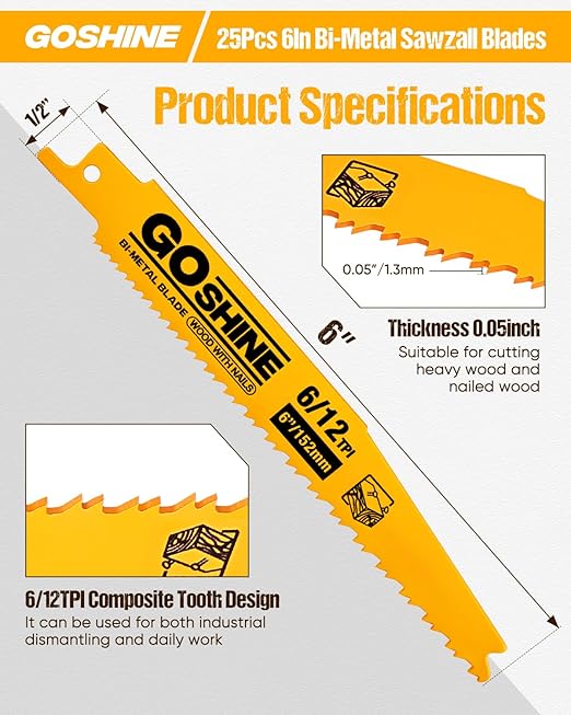 25 Pack 6 Inch 6/12 TPI Bi-Metal Reciprocating Saw Blades for Nail-Embedded Wood Demolition竊???Wood sawzall Blades