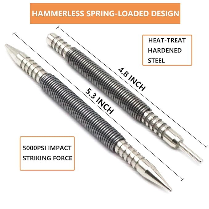 2-Piece Dual Head Nail Setter and Hinge Pin Punch Set, Hammerless 1/32?? 1/16?쿞pring Nail Set, 5000 PSI Striking Force Door Pin Removal Tool