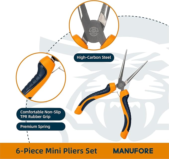 MANUFORE 6-Piece Mini Pliers Set ??Needle Nose, Long Nose, Diagonal, Flat Nose, End Cutting & Linesman Pliers for Precision DIY, Electronics Repair, Jewelry Making & Crafting