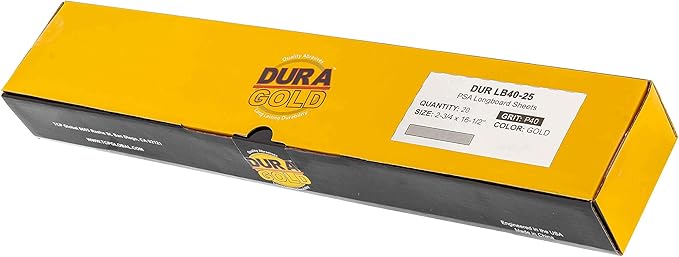 Dura-Gold Premium 40 Grit Gold Pre-Cut PSA Longboard Sandpaper Sheets, Box of 20, 2-3/4" x 16-1/2" Self-Adhesive Stickyback Sandpaper for Automotive, Woodworking Air File Sander, Hand Sanding Block