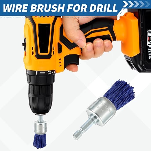 Wire Brush for Drill (1"/25mm) 1Pack, Crimping Steel Wire 0.05" (Nylon) Blue Wire Brush Drill Attachment with 1/4" Hex Shank - for Rust,Cleaning, Deburring on Cast Iron