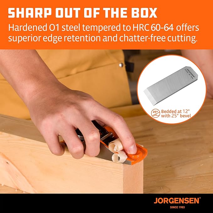 JORGENSEN 5-1/4" Wood Planer, Hand Planer for Woodworking, Low Angle Block Plane, Small Hand Plane for Detail Trimming, Wood Planing, Craft - Professional Ductile Iron Body, Adjustable Cutting Depth