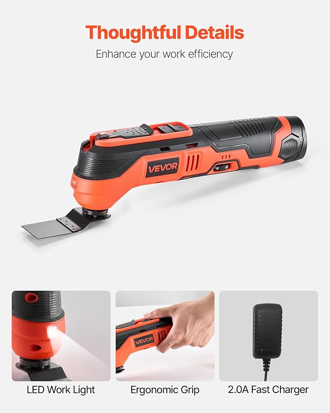 VEVOR Cordless Oscillating Tool, 12V Multitool Oscillating Saw Tool with 6 Variable Speeds 6000-17500 OPM, 3.2째 Oscillation Angle, 2.0Ah Battery Pack & Charger, 8PCS Saw Accessories & LED Work Light