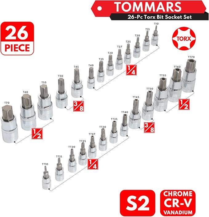 TOMMARS 26-PC Torx Socket Set, Torx Star Tamper Proof Security Bit Socket Set 1/4", 3/8", 1/2" Drive T Sockets T10-T70 & TT10-TT70, S2 Alloy Steel