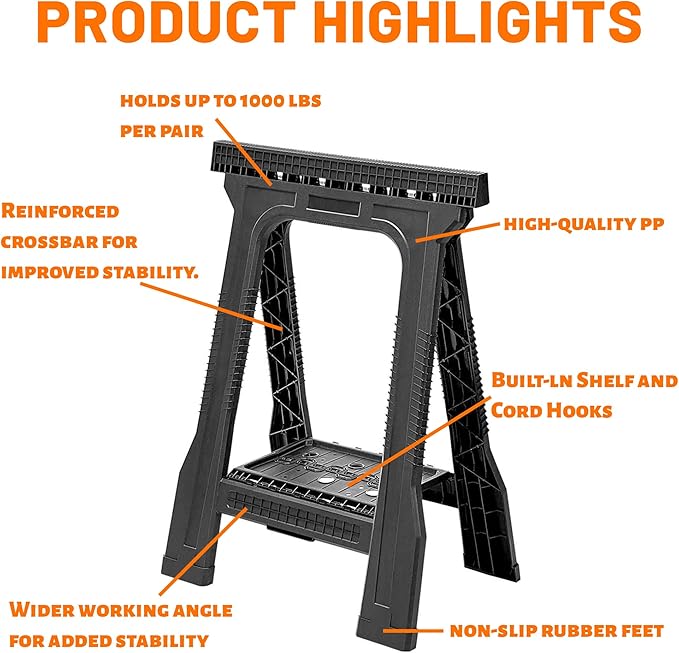 ZYJOYY Saw Horses 2 Pack Folding Heavy Duty , 1000 LBS Total Load Capacity, Folding Sawhorse,Built-In Tool Tray & Cord Hooks, Metal Folding Saw horse for Woodworking