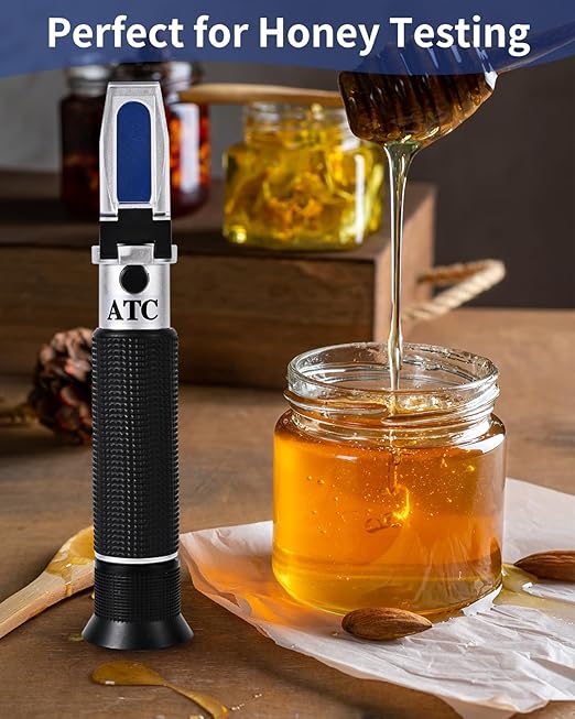 Honey Refractometer for Moisture, Brix and Baume, Brix Meter Refractometer with ATC, (12-27% Honey Moisture, 58-90% Brix, 38-43째 Baume), Refractometer Brix for Honey, Maple Syrup, Molasses, Fruit Jam