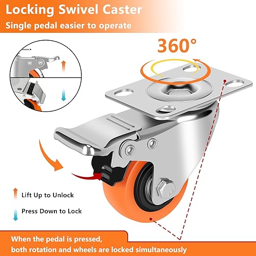 Caster Wheels, 2" Casters Set of 4 Heavy Duty - Locking Casters Orange Polyurethane Wheel, Swivel Plate Caster with Brake, Non-Marking Castor Wheels for Carts Furniture and Workbench